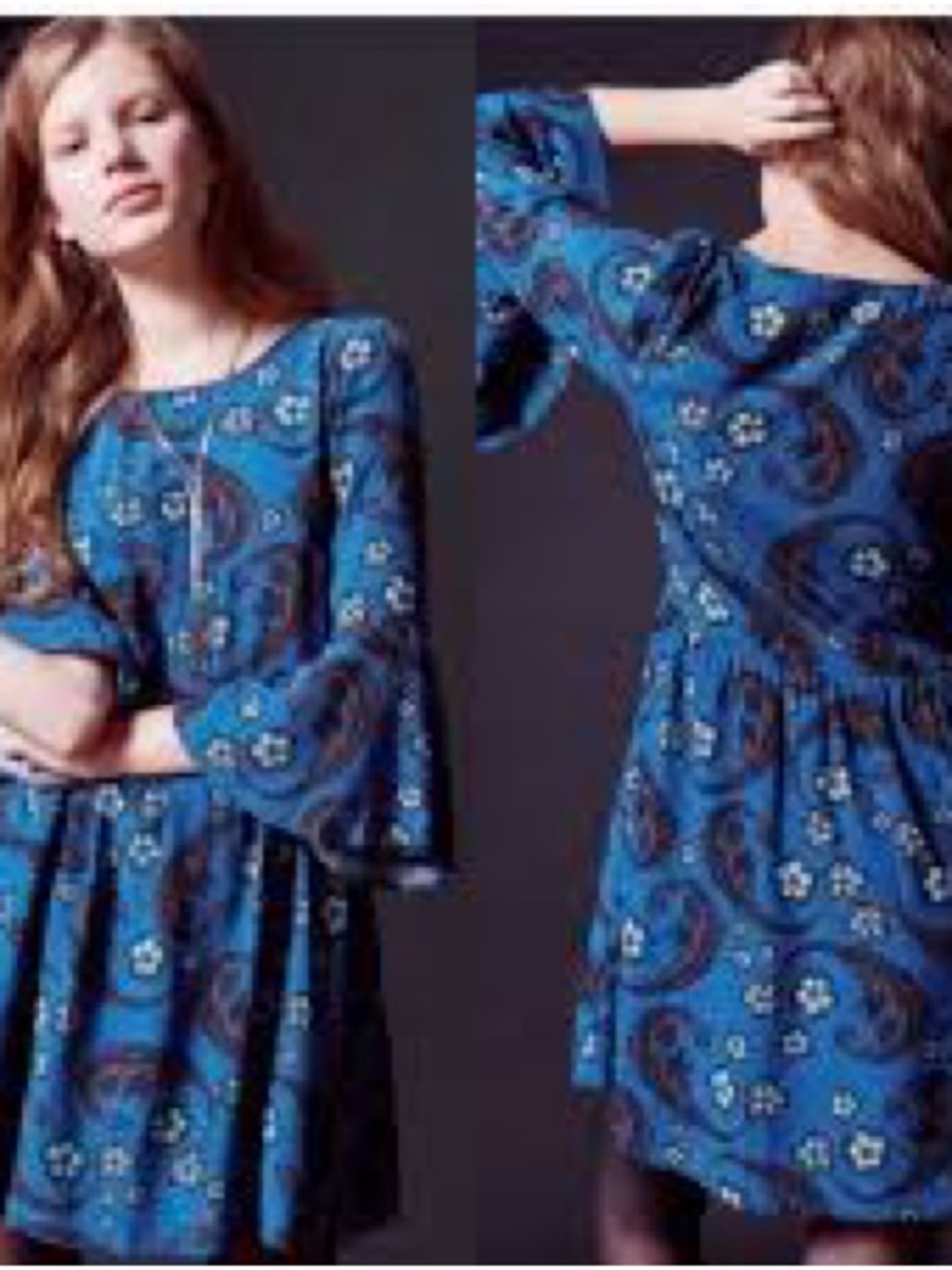 Blue Floral Bell-Sleeve Women's Dress